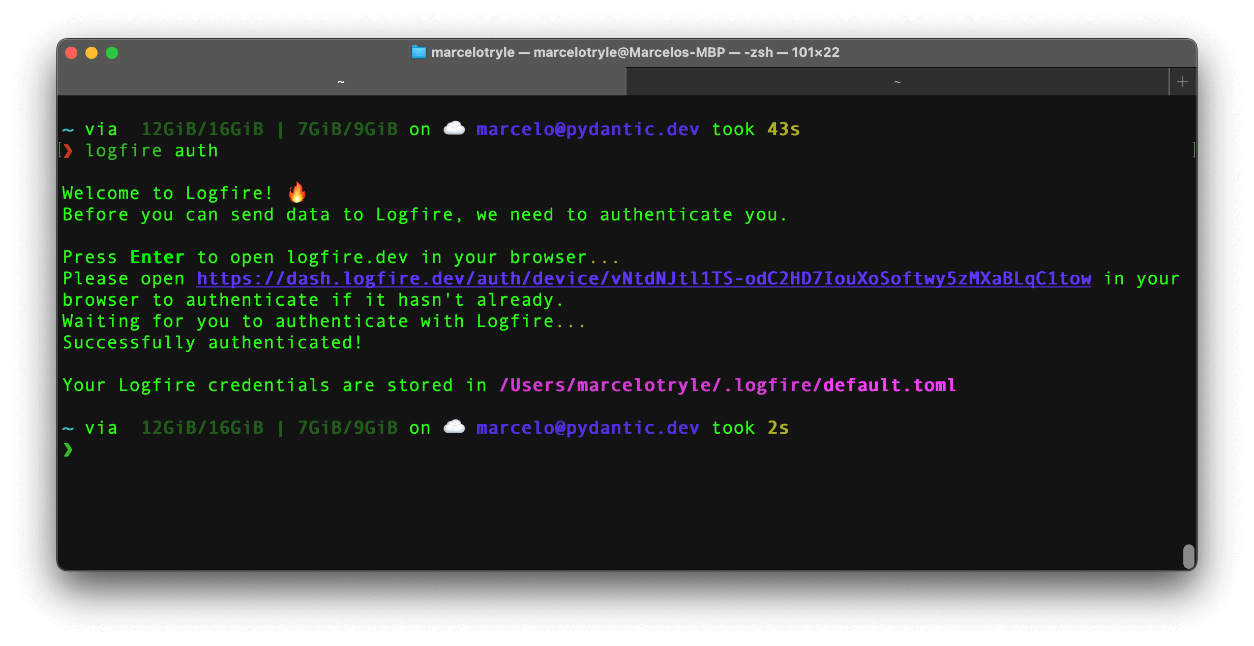 Terminal screenshot with successful authentication