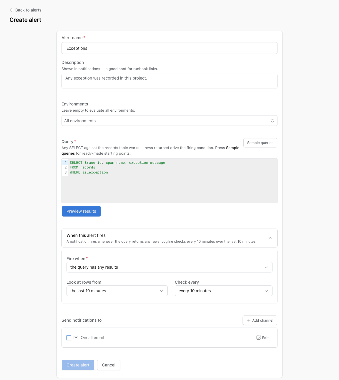 Create alert form