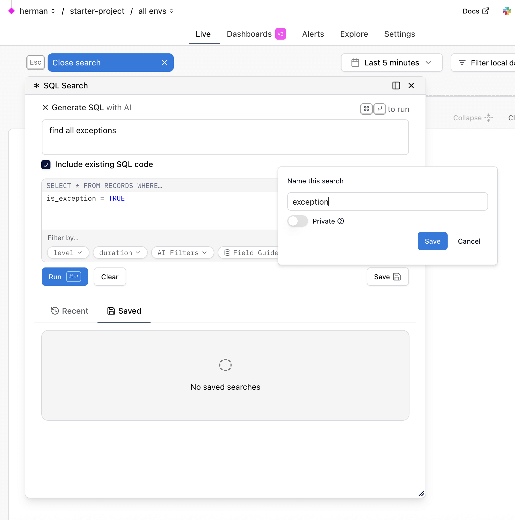 Save search popover