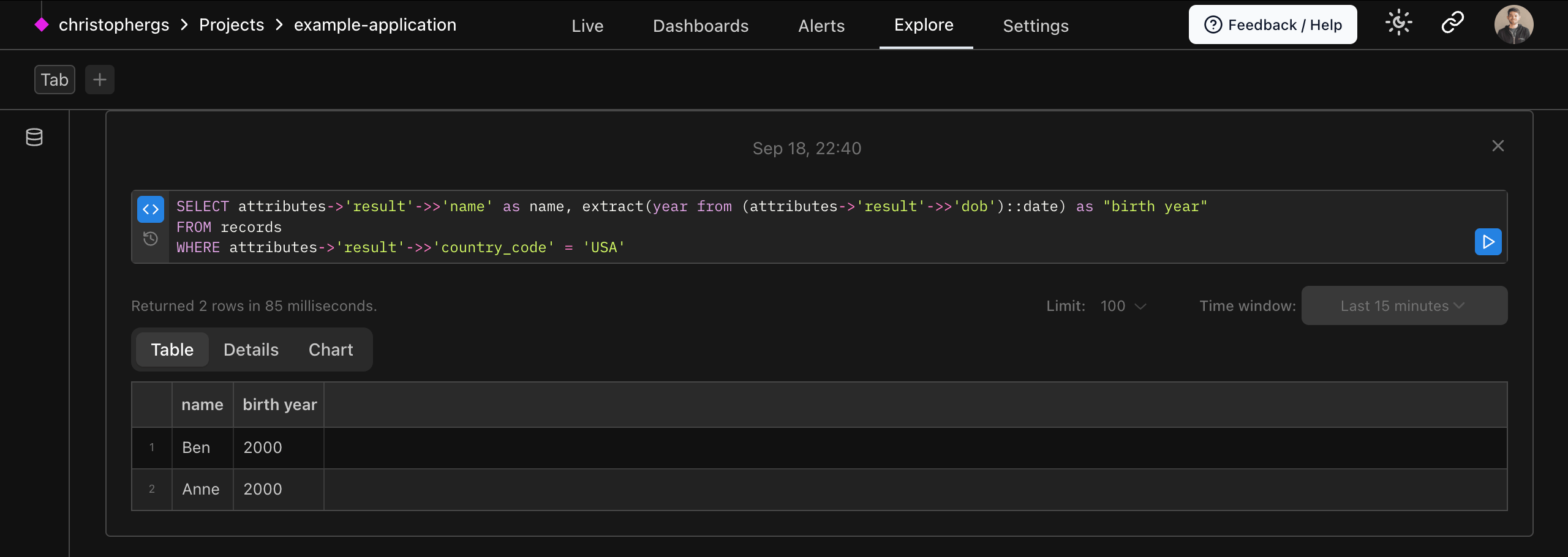 Logfire SQL Workbench query screenshot