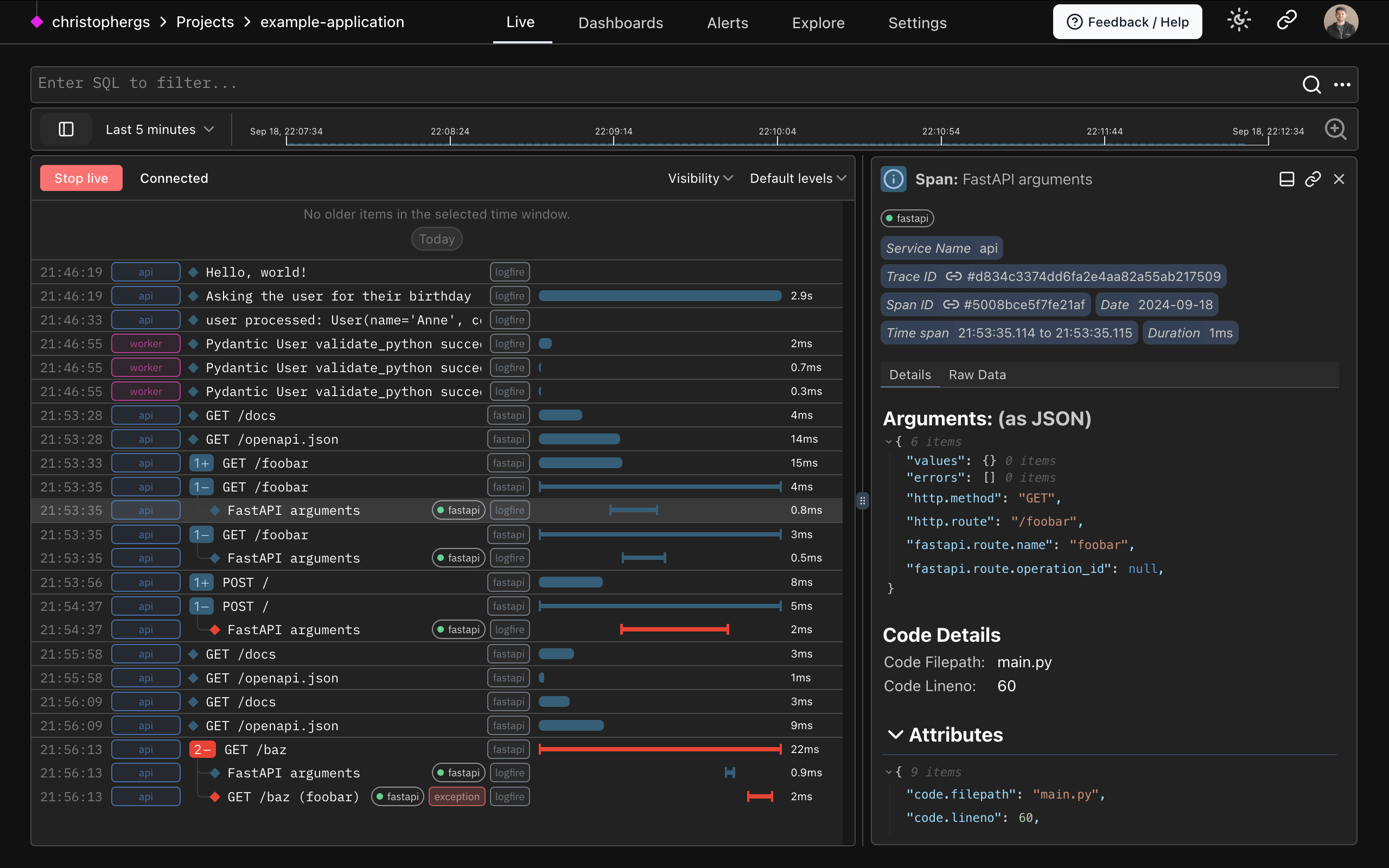 Logfire FastAPI screenshot