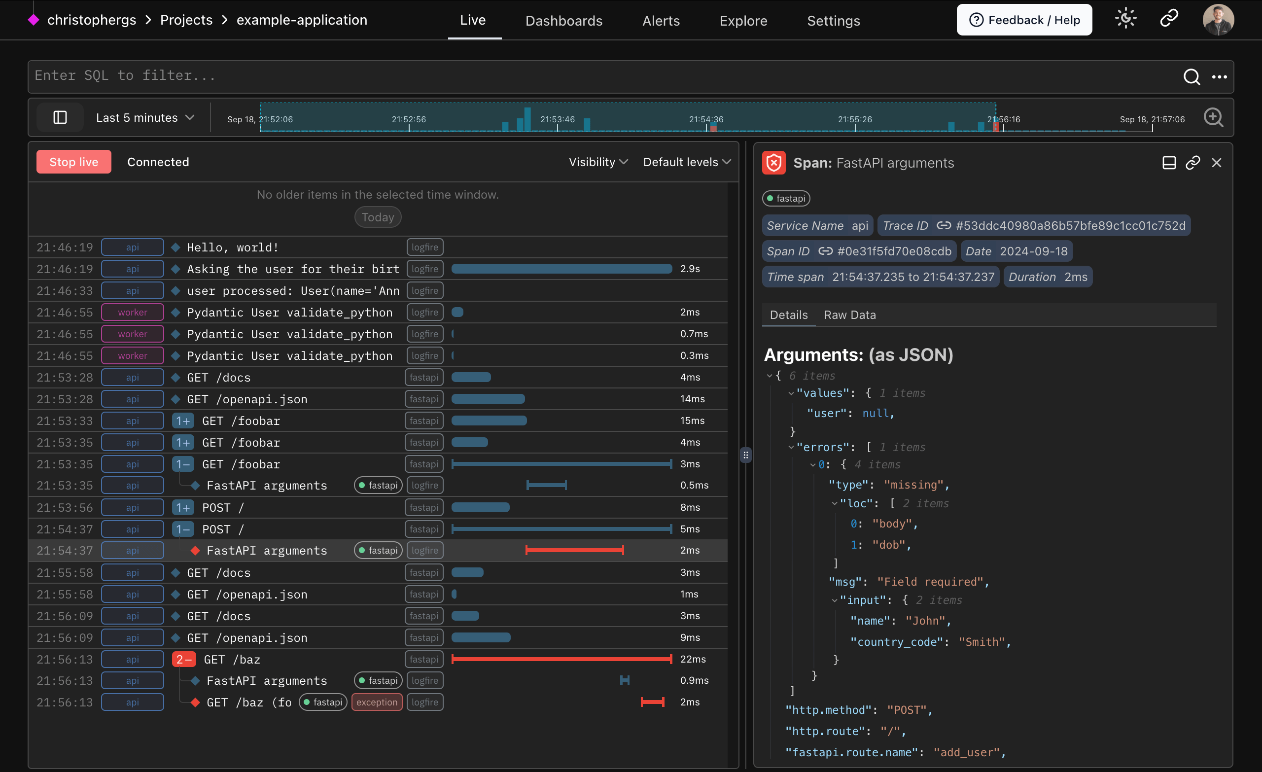 Logfire FastAPI 422 response screenshot