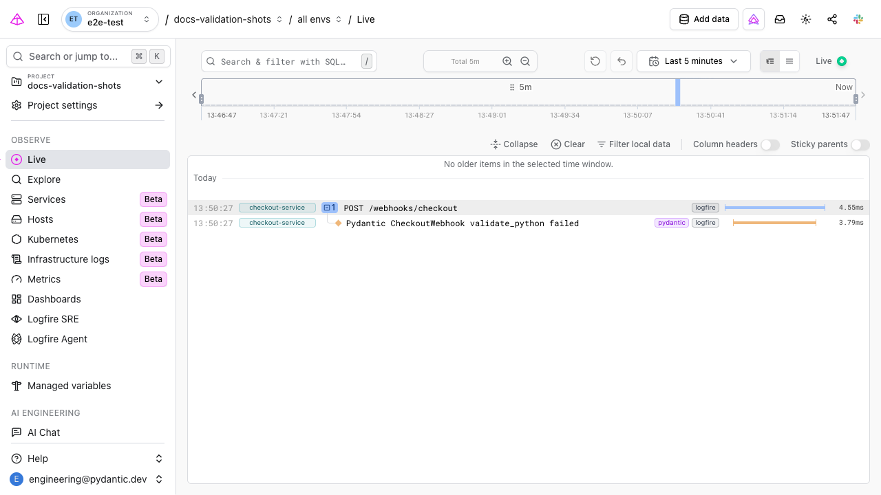 Traces arriving in the Logfire Live view