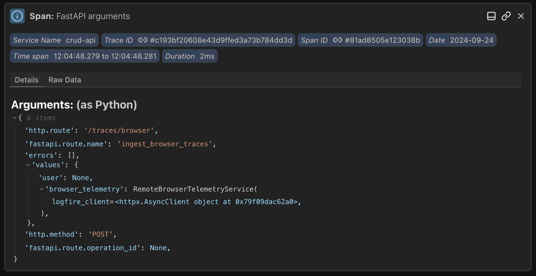 Logfire FastAPI screenshot