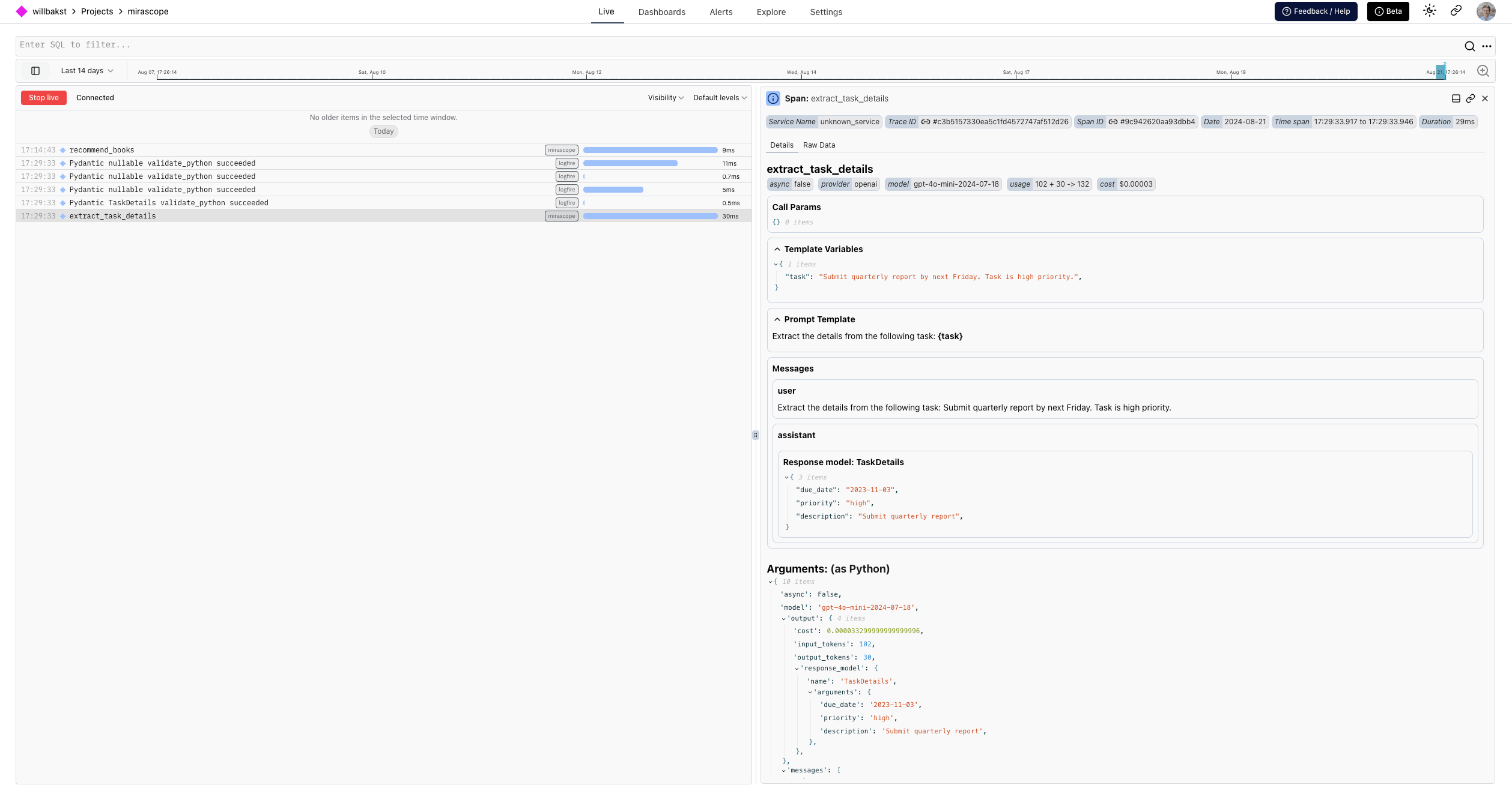 Logfire Mirascope structured extraction call